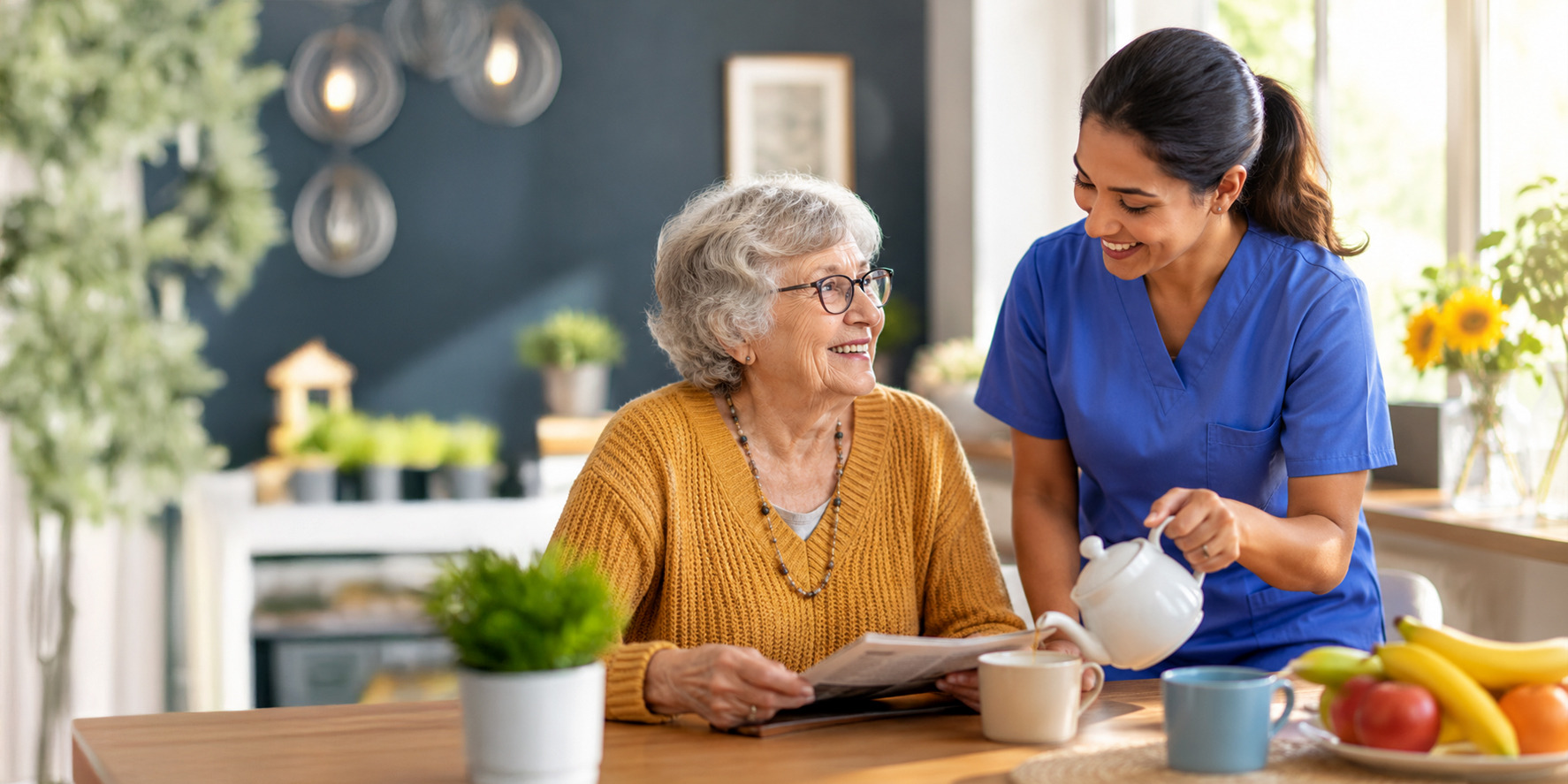 An in-home caregiver supporting an elderly couple live comfortably