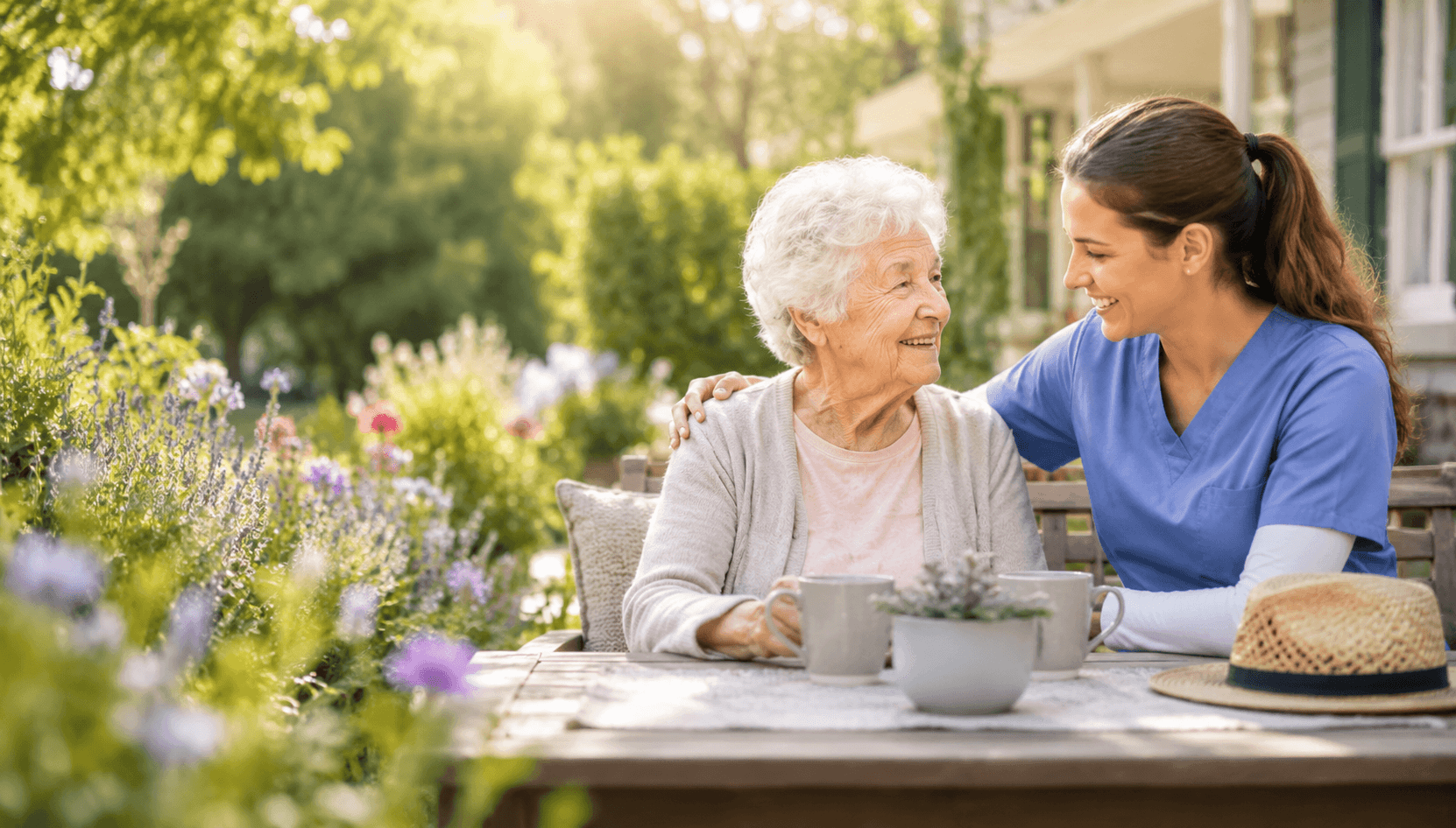 An in-home caregiver supporting an elderly couple live comfortably