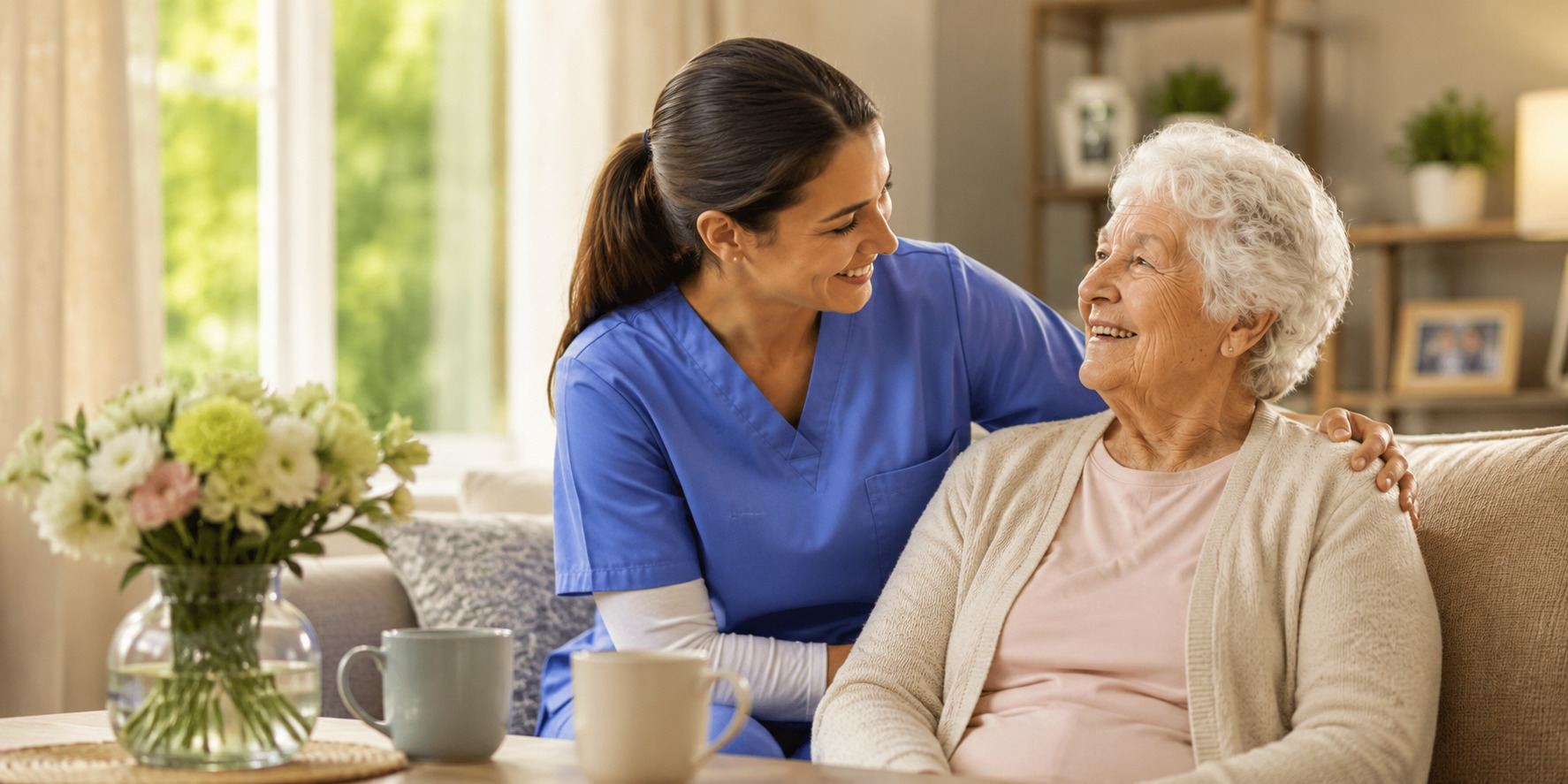 An in-home caregiver supporting an elderly couple live comfortably