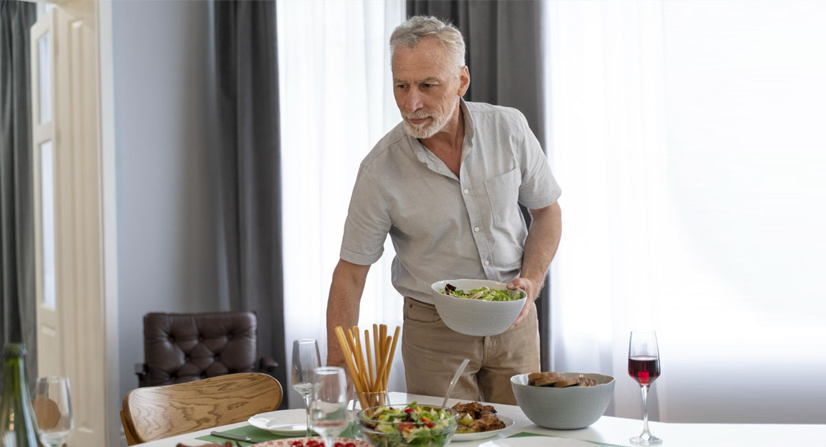 A senior gentleman enjoying a balanced and nutritious healthy meal.