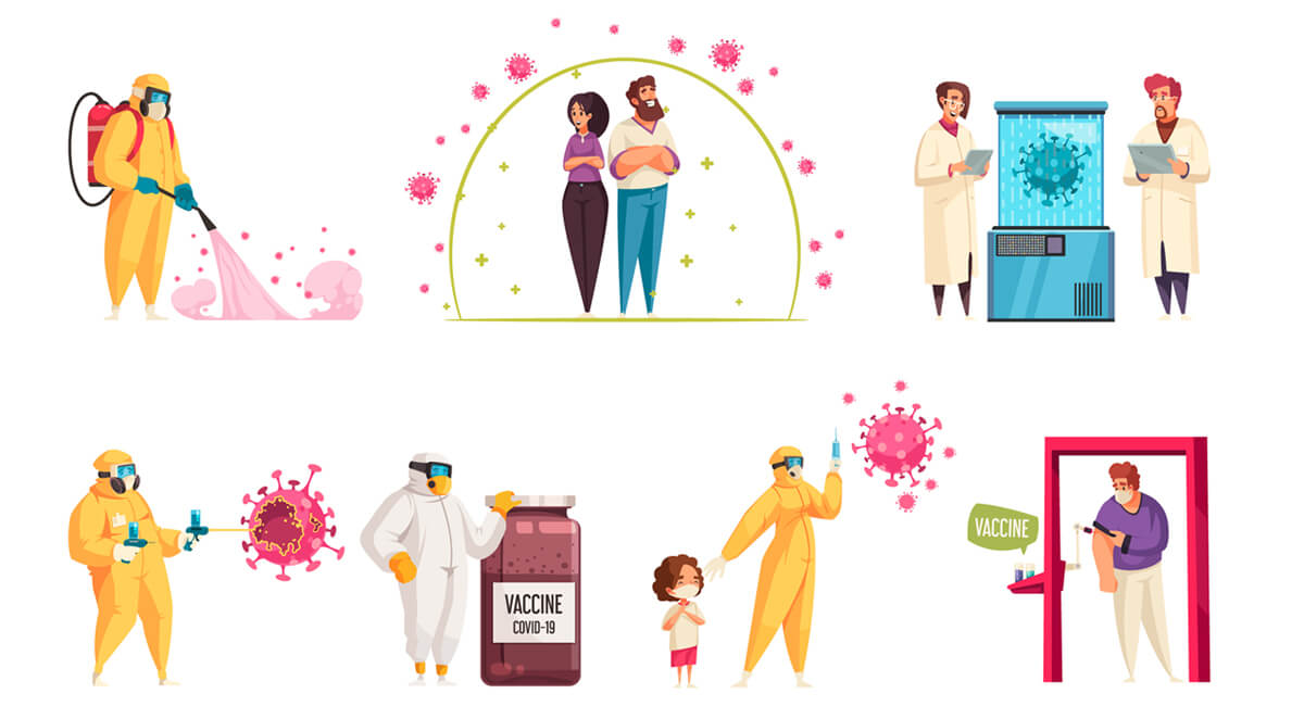 The picture depicts various infection prevention and control measures.