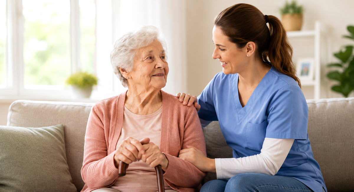 An in-home caregiver supporting an elderly couple live comfortably